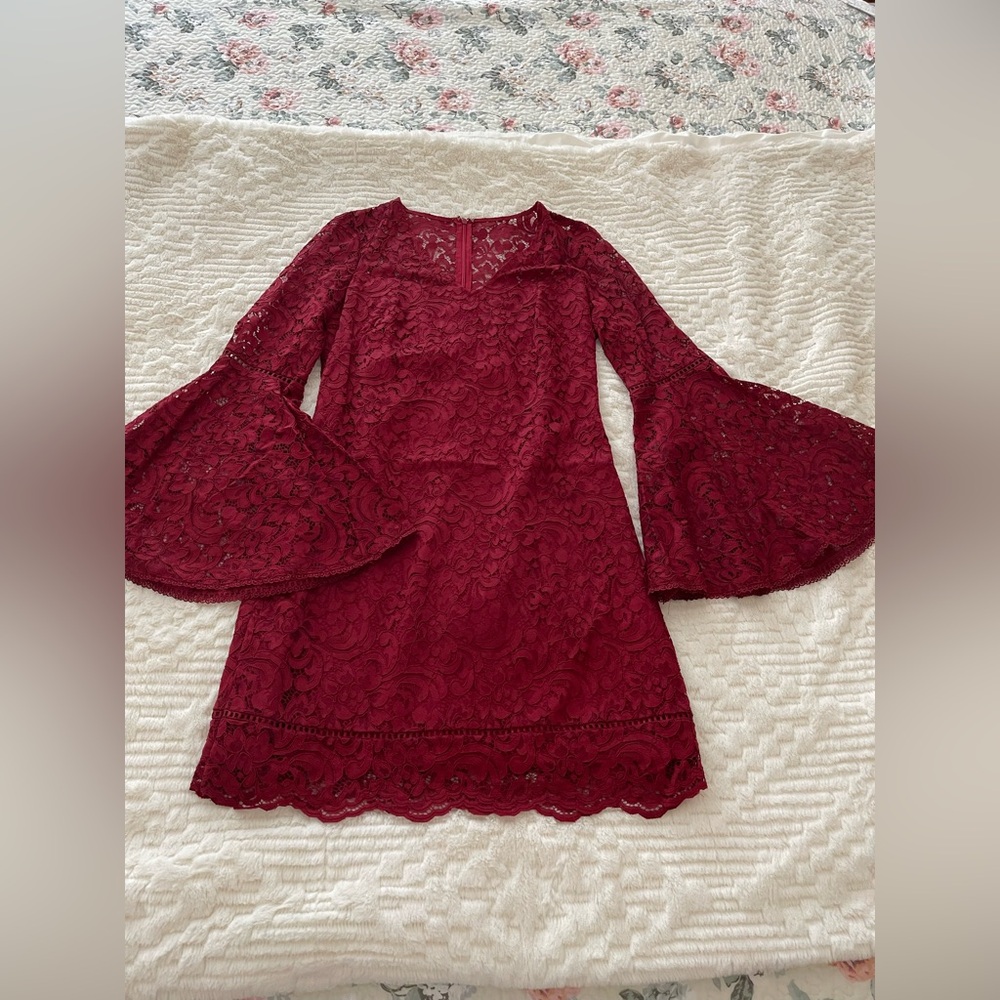 White House Black Market Deep Red Lace Bell Sleeve Dress